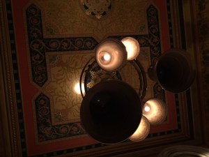 This is the light and ceiling decoration above drinkers at the Gilbert Scott near St Pancras.