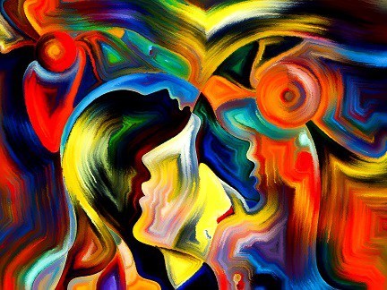 Colors of Fate series. Artistic background made of human profiles and colorful shapes for use with projects on inner world, sacred reality, emotion, human destiny