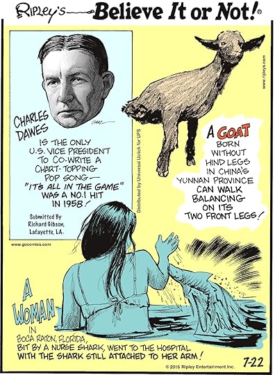Charles Dawes is the only US Vice President to co-write chart-topping pop song—“It’s All in the Game” was a No. 1 hit in 1958! Submitted by Richard Gibson, Lafayette, LA. -------------------- A goat born without hind legs in China’s Yunnan province can walk balancing on its two front legs! -------------------- A woman in Boca Raton, Florida, bit by a nurse shark, went to the hospital with the shark still attached to her arm!