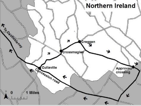 The most direct legal route from Cullaville, South Armagh, to nearby Castleblaney, County Monaghan in the early 1960s, and alternative ‘unapproved’ crossings. Map by Peter Leary, used with permission.