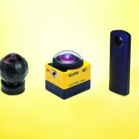 (From Left to right) 360 Fly, Kodak SP360, Ricoh Theta S. Photography by Hep Svadja, Kodak, and Caleb Kraft