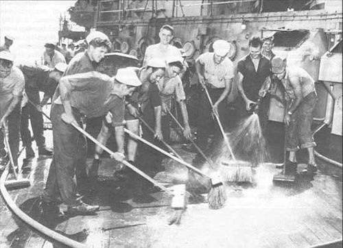 Decontamination drill on Baker test support ship.