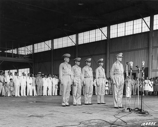Douglas MacArthur at the induction ceremony of Philippine Army Air Corps, Zablan Field, Camp Murphy, Rizal, Philippine Islands, 15 Aug 1941 (US National Archives)