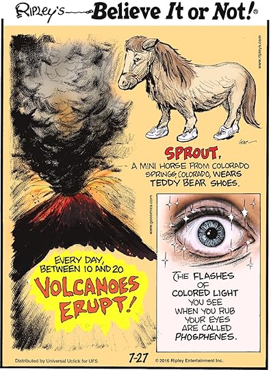 Every day, between 10 and 20 volcanoes erupt! -------------------- Sprout, a mini horse from Colorado Springs, Colorado, wears teddy bear shoes. -------------------- The flashes of colored light you see when you rub your eyes are called phosphenes.