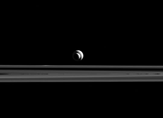 Saturn's rings, with Enceladus and Tethys aligned (NASA/JPL)