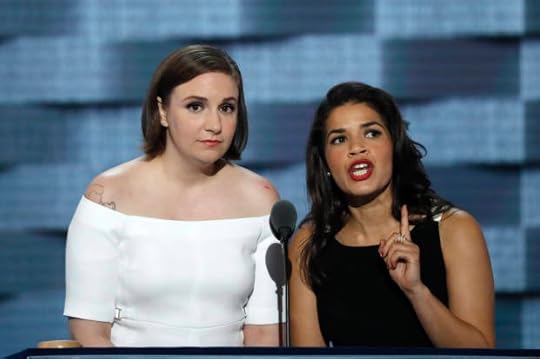 Actresses Dunham and Ferrera speak on stage at the Democratic National Convention in Philadelphia