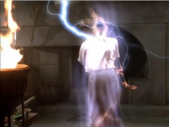 Mrs. Post is basically made of fire, with lightning shooting out of her eyes as her head is thrown back screaming. Also, the whole 