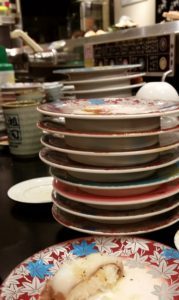 This is what stacks of plates a Sushi Train restaurant should look like--one that doesn't break the bank to boot.