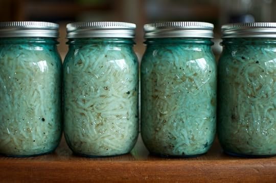 four pints of garlicky kohlrabi relish