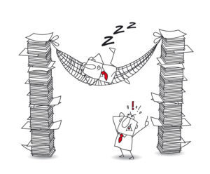 Lazy joe. Joe is lying in his hammock between two paper stacks.