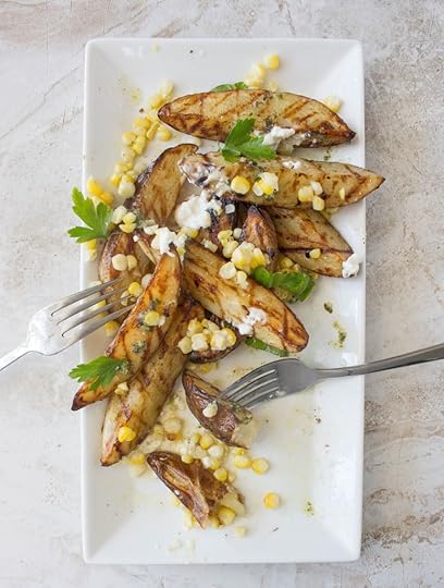 Grilled Garlic-Herb Potato Wedges with Corn, Pesto, & Burrata