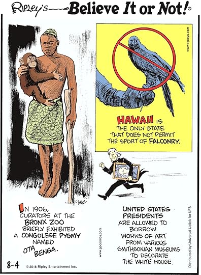 In 1906, curators at the Bronx Zoo briefly exhibited a Congolese pygmy named Ota Benga. -------------------- Hawaii is the only state that does not permit the sport of falconry. -------------------- United States Presidents are allowed to borrow works of art from various Smithsonian museums to decorate the White House.