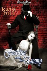 Man in the black coat, top hat and in a red tie and beautiful girl with rose