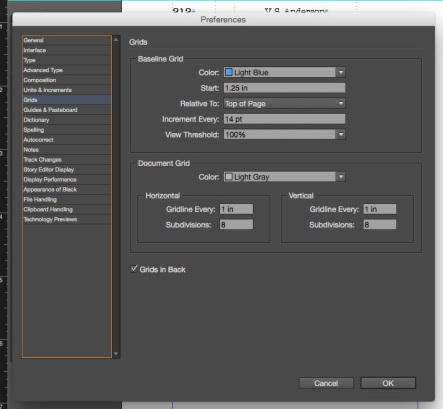 InDesign Baseline Grid panel from Preferences