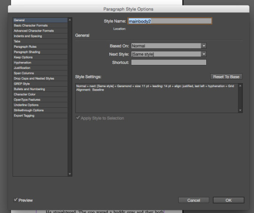 InDesign Paragraph Style Options dialogue