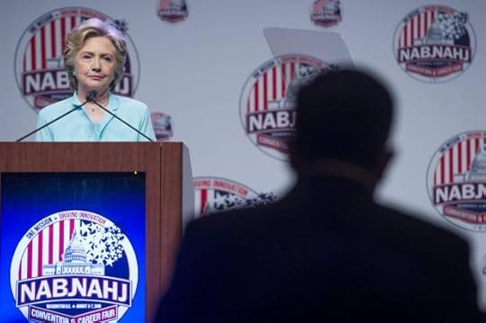 A member of the media asks Democratic presidential nominee Hillary Clinton a question during the National Association of Black Journalists(NABJ) and National Association of Hispanic Journalists(NAHJ) joint convention in Washington, DC, August 5, 2016.