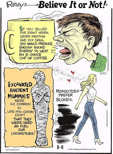 If you yelled for eight years, seven months, and six days, you would produce enough sound energy to heat an 8-ounce cup of coffee. -------------------- Excavated ancient mummies were so common in late 19th-century Egypt that they were used as fuel for locomotives! -------------------- Mosquitoes prefer blonds.