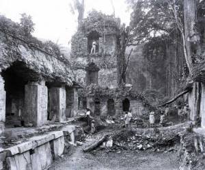 Maudslay photo standing in Palenque Palace Tower