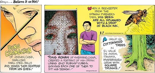 Dong Changchun of Jinzhou, China, swallows small steel balls and makes them reappear from his eyes! -------------------- When a beekeeper from the Spanish Pyrenees dies, his bees are all splashed with a drop of black ink. -------------------- Tong Aonan of Shenyang, China, created a portrait of his crush using 840 Rubik’s cubes, solving each one of them to fit his design! -------------------- A group of cottonwood trees in El Valle de Anton, Panama, mysteriously grow with square trunks!