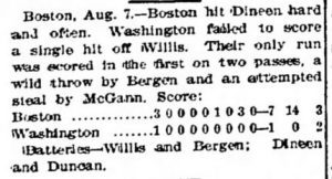 Wire services reports of this game recorded it as a no-hitter, though both the home and away newspaper accounts disagree.