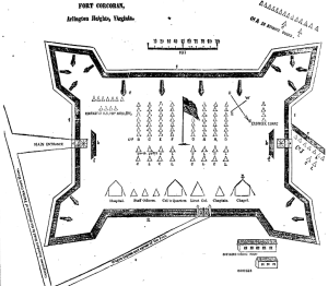 A drawing of Fort Corcoran, the fortification constructed by the 69th New York State Militia at Arlington Heights, Virginia in 1861. This was printed on 13th July 1861, to give readers an idea of the layout of the Irishmen's fortification (New York Irish American)