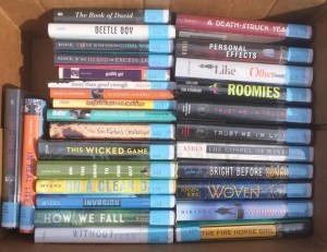Some of the books discarded by the library, in their new classroom home.