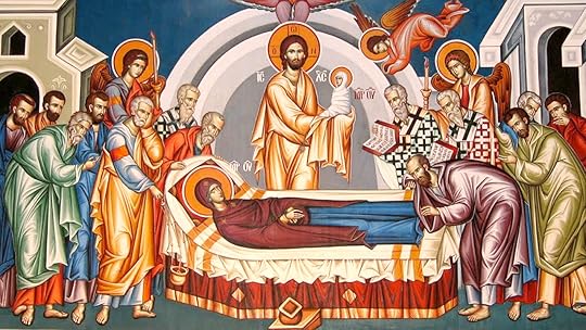The Dormition of the Mother of God, commonly called the “Assumption” by Western Christians, celebrates the falling-asleep of the Mother of God on August 15 and her translation into glory at the right hand of her Son. This deathbed scene is often depicted in Orthodox icons and medieval Western paintings with Mary dying as the apostles surround her deathbed and Jesus gathers her soul into His arms like a new-born child (similar to the way He is depicted in swaddling bands at Christmas). It has been said in at least a few sermons that, “If Christmas is God’s birthday into humanity, then Dormition is humanity’s birthday into divinity.
