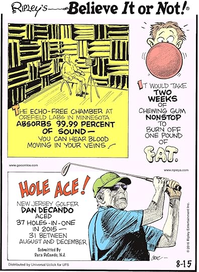 The echo-free chamber at Orefield Labs in Minnesota absorbs 99.99 percent of sound—you can hear blood moving in your veins! --------------------- It would take two weeks of chewing gum nonstop to burn off one pound of fat. --------------------- New Jersey golfer Dan Decando aced 37 holes-in-one in 2015—31 between August and December. Submitted by Dara Decando, NJ