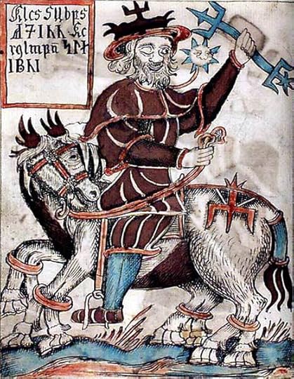 An illustration of Odin riding Sleipnir, the eight-legged horse from an 18th-century Icelandic manuscript.