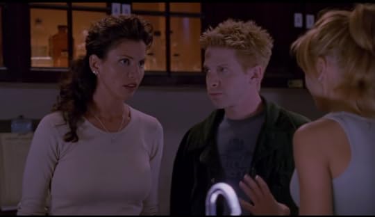 Buffy and Oz stand beside Cordelia in the chemistry lab. Cordelia's hair is a high-volume cascade of the most perfectly non-perfect curls in the universe. She has more hair than a princess.