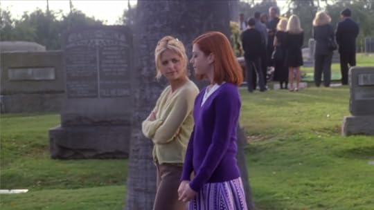 Buffy and Willow, walking past the funeral, super casual.