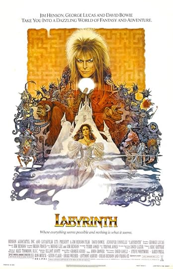 The original movie poster for Labyrinth, featuring an illustration of David Bowie as the Goblin King looming over a menagerie of various goblins and creatures, with Jennifer Connelly as Sarah in her ball gown from the fantasy ball room sequence, fleeing the castle in a mist.