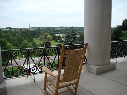 The balcony at Augusta's State House looks across the river to the grounds of the former Augusta Mental Health Institute -- the state hospital.