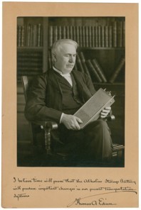 Edison Holding his Famous Nickel-Iron Storage Battery for Electric Vehicles