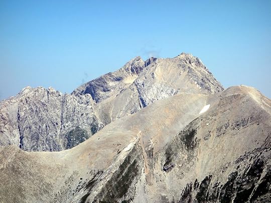 The high peaks of Gran Sasso - The Great Stone - Corno Piccolo (behind left), Corno Grande (behind right) and Pizzo d'Intermesoli (front) from the summit of Monte Corvo
