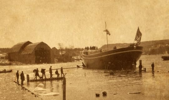 Peary’s ship, the S.S. Roosevelt, launches from McKay & Dix Verona Island Shipbuilding Co. on March 23, 1905. BUCKSPORT HISTORICAL SOCIETY