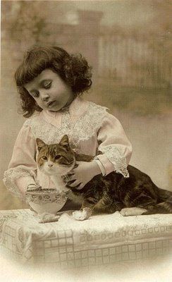 antique cat and girl