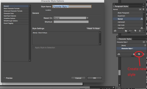 InDesign Workspace with Character Styles Open.