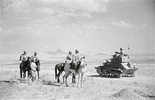 Soviet and British soldiers rendezvous near Qazvin, Iran, 1941 (Soviet photo, public domain)