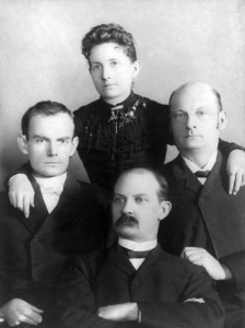 The Younger brothers, who rode with Jesse and Frank, left to right, Bob, Jim and Cole, with sister Henrietta.