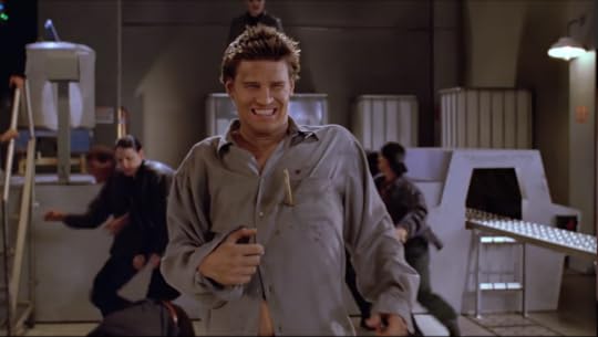 Angel has a piece of wood sticking out of his chest, and he's grimacing, but I timed the screenshot poorly/awesomely and it looks like he's grinning and giving a thumbs up over the fact that he's about to die.