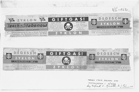 Labels taken from canisters of Zyklon B from Dachau, used as evidence at the Nuremberg Trials (US National Archives)