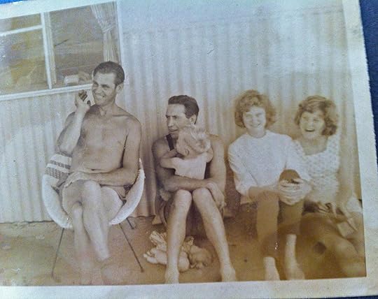 In 1963 my grandparents, mum and sister emigrated to Australia as '10 pound Poms'. Here is my grandfather (seated) with the man who became my paternal grandfather (a Scotsman everyone called 'Mac'), to the right my mother and next my aunt. They are pictured at Villawood Migrant Hostel in Sydney in 1963.