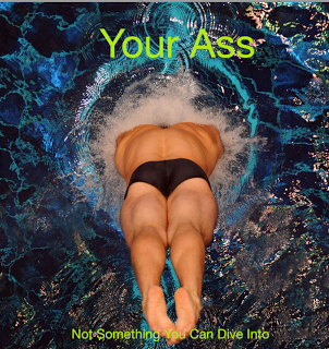 A diver breaking through the surface of the water, which is a near-perfect ring around him. The photo is taking from above. The text reads: