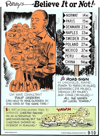UK wine consultant Philip Osenton can hold 51 wine glasses in one hand at the same time! -------------------- A road sign in in Lynchville, Maine, points to Paris (15 miles), Denmark (23 miles), Mexico (37 miles), and China (94 miles)—all the names of local towns! -------------------- In 1937, an Englishman tried to introduce cheetah racing as an alternative to greyhound racing, but the cheetahs showed no interest in running!