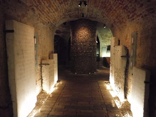 Mausoleum inscriptions line the hallway