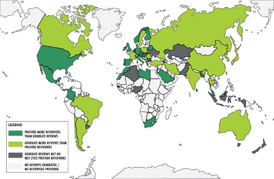 Map demonstrating countries where peer reviewers work. Cath Cotton, et. al.