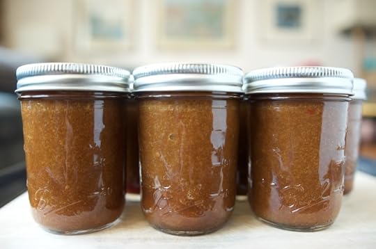 Row of jars of Spicy Peach Barbecue Sauce