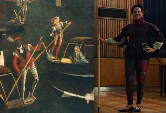 Cross-dressing isn't part of my normal routine, but I played the role of a 15th-century gondolier for the costume pageant. And guess what? I won second place--ha ha! (Maybe I should do it more often?) Can you see the resemblance? Vittore Carpaccio, Detail from the Miracles of the True Cross, ca. 1490, Gallerie dell'Accademia, Venice.
