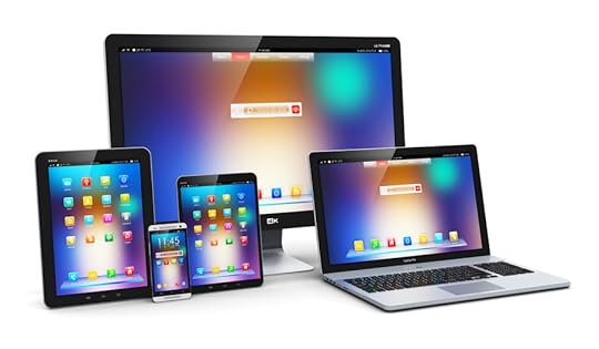 49121339 - creative abstract computer technology, mobility and communication business concept: laptop, notebook or netbook pc, mini tablet computer, touchscreen smartphone and desktop monitor display screen tv isolated on white background